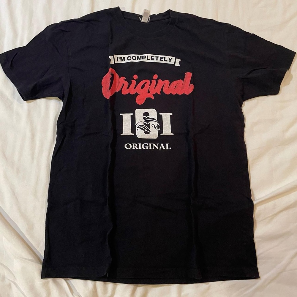 Black Graphic T-Shirt with Red and White Print
